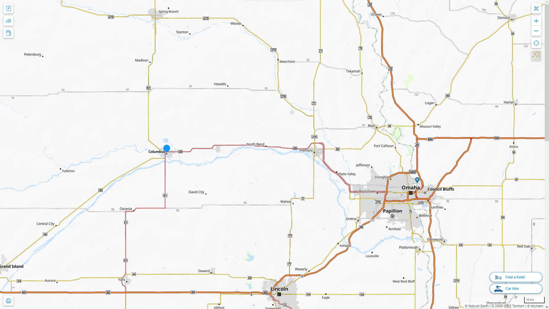 Columbus Nebraska Highway and Road Map